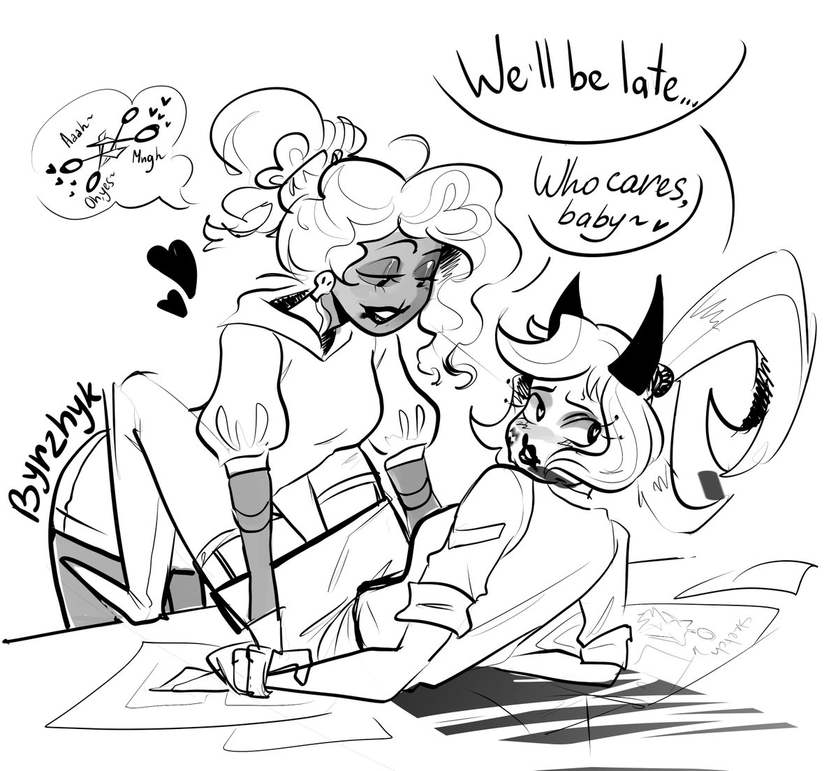 Byrzhyk's tweet photo. Do we call them MelVel?
#HazbinHotel #velvette https://t.co/Po2iIoP13F