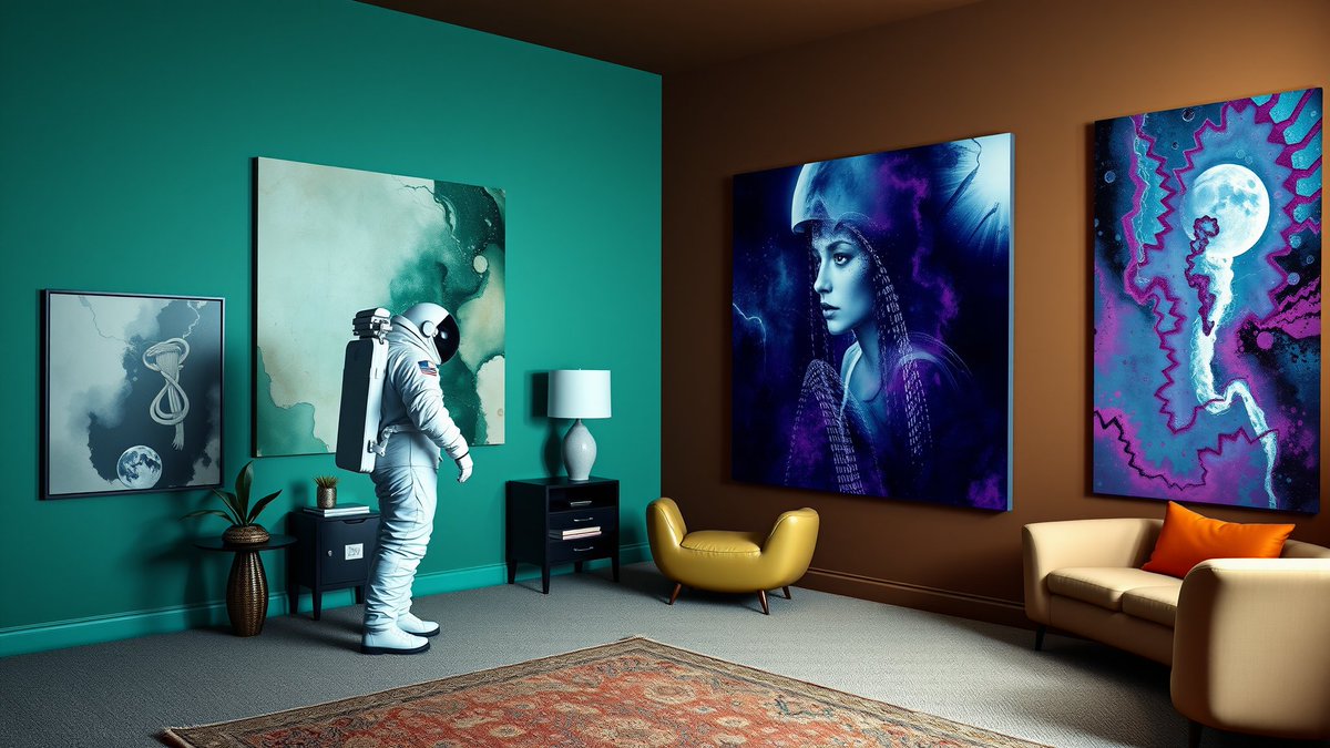 AI-generated image of an astronaut exploring a vibrant art gallery with abstract cosmic paintings