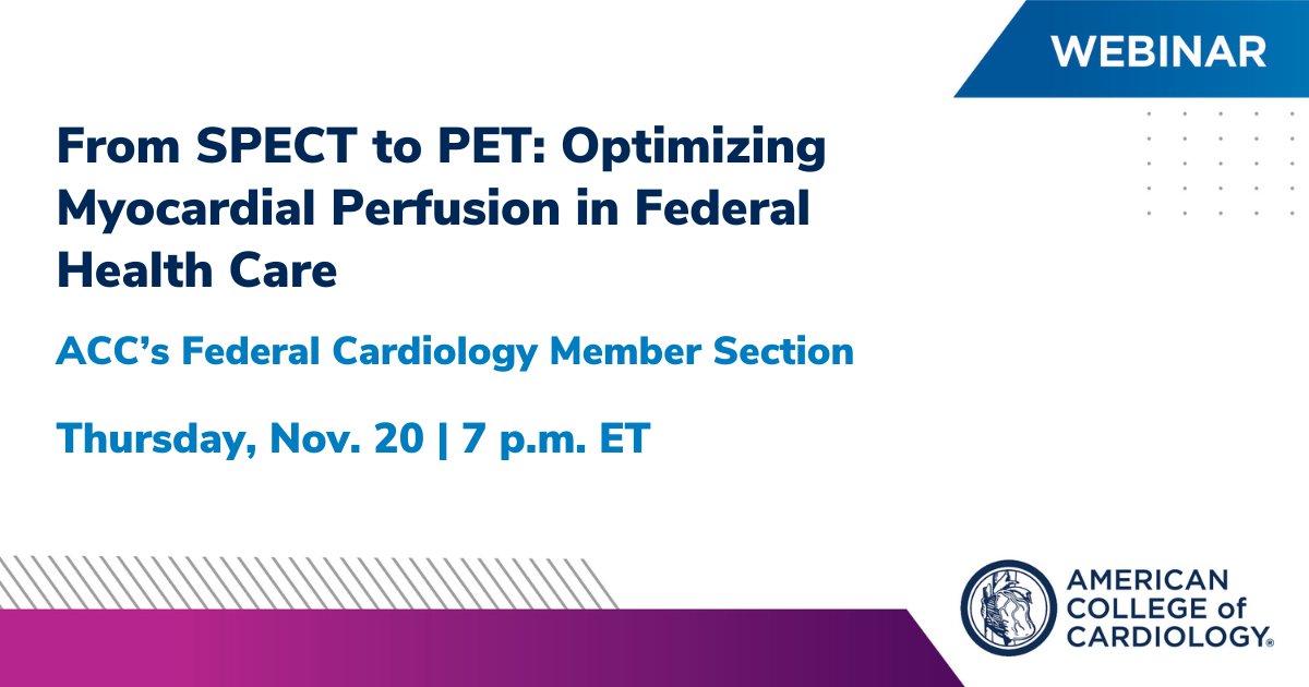ACCinTouch's tweet photo. Join #ACCCVFed Member Section today at 7 p.m. ET for a webinar 🔎 on the foundations, clinical applications &amp; implementation of myocardial #cvPET perfusion imaging, w/ a special focus on veterans' cardiac care &amp; the new tracer Flurpiridaz.

Register now: https://t.co/DrJKEs2kLZ https://t.co/1b2pLUEwwu
