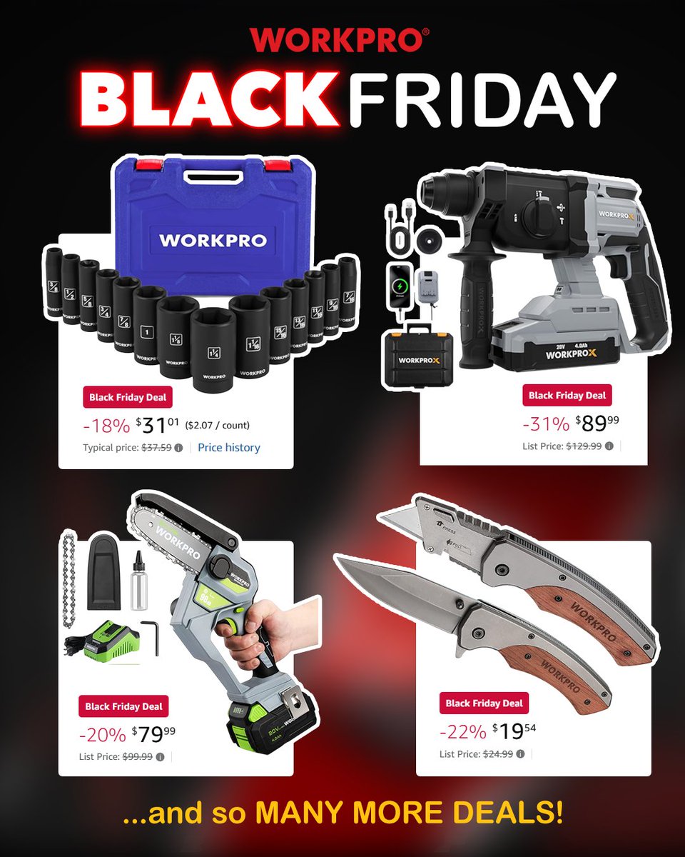 workpro_tools's tweet image. 🖤🎁 Black Friday Deals are here on #amazon — and WORKPRO is going BIG! Make sure to keep an eye on our stories for the biggest deals and find all deals HERE! amzn.to/4o4KFw4!

#workprotools
#blackfriday
#cybermonday
#amazondealsweek
#toolsale #tooldeals
#stockingstuffers