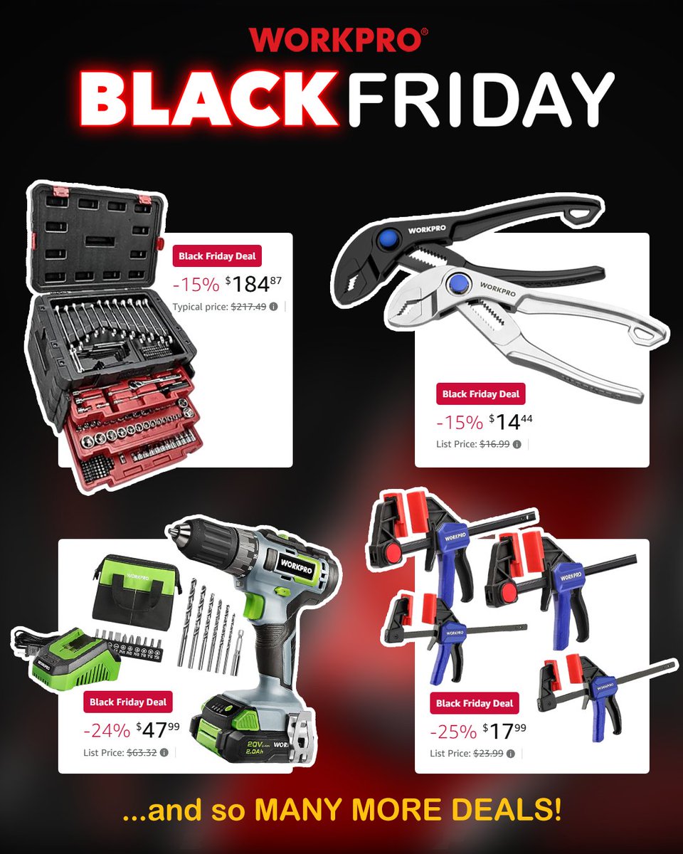 workpro_tools's tweet image. 🖤🎁 Black Friday Deals are here on #amazon — and WORKPRO is going BIG! Make sure to keep an eye on our stories for the biggest deals and find all deals HERE! amzn.to/4o4KFw4!

#workprotools
#blackfriday
#cybermonday
#amazondealsweek
#toolsale #tooldeals
#stockingstuffers