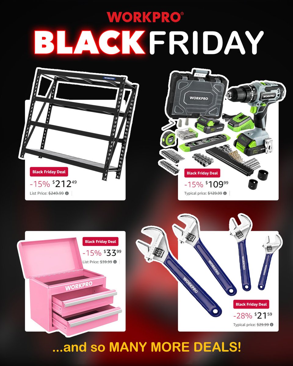 workpro_tools's tweet image. 🖤🎁 Black Friday Deals are here on #amazon — and WORKPRO is going BIG! Make sure to keep an eye on our stories for the biggest deals and find all deals HERE! amzn.to/4o4KFw4!

#workprotools
#blackfriday
#cybermonday
#amazondealsweek
#toolsale #tooldeals
#stockingstuffers