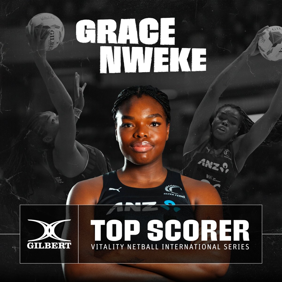 EnglandNetball's tweet image. Nothing but net 💥

@SilverFernsNZ's Grace Nweke is the @GilbertNetball  Top Scorer for the @Vitality_UK Netball International Series, scoring a total of 148 goals across all three games, shooting at 95% 🎯