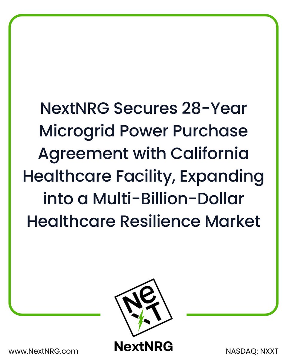 NextNRGinc's tweet image. NextNRG secures 28-year Power Purchase Agreement with California healthcare facility, advancing NextNRG&apos;s shift into owned, revenue-generating energy assets. Approximately $5.0 million in gross revenue over the life of the agreement. Healthcare resiliency market exceeds $3.2…