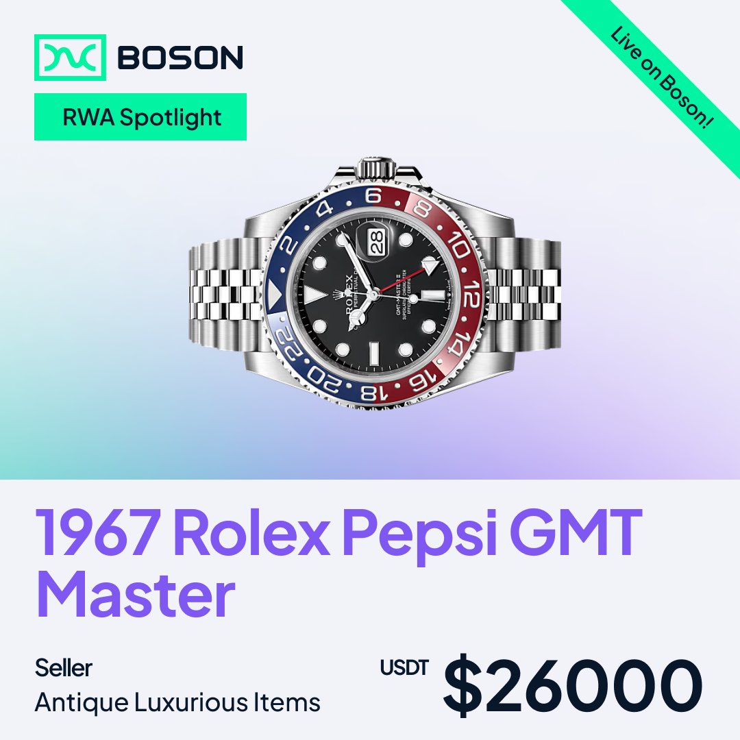 Vinothi04's tweet image. 1967 Rolex Pepsi GMT Master is now available on @BosonProtocol  ⏳✨

In India, #rolex holds a special place in many hearts — and the hype around this iconic piece is real. Over the last 5 years, the Rolex Pepsi GMT has seen a 7.9% price increase 📈

But remember: antique value…