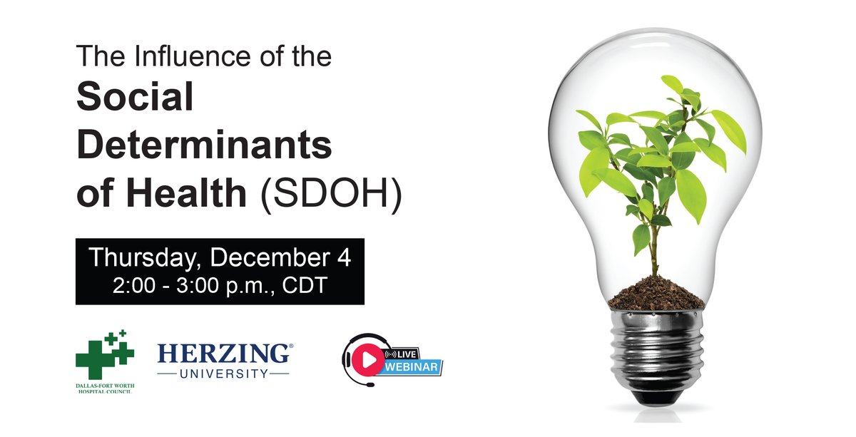 <a href="/DFWHCouncil/">DFW Hospital Council</a> and <a href="/HerzingUniv/">Herzing University</a> "Social Determinants of Health" webinar in two weeks! #educationalevent #socialdeterminants #communityhealth 
dfwhc.org/dfwhc-and-herz…
