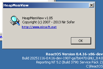 reactos's tweet image. Second fix from Doug Lyons!
Another bug in our C runtime is fixed: About window and text below in HeapMemView 1.05 now displays on #ReactOS!
See the before-after shots.