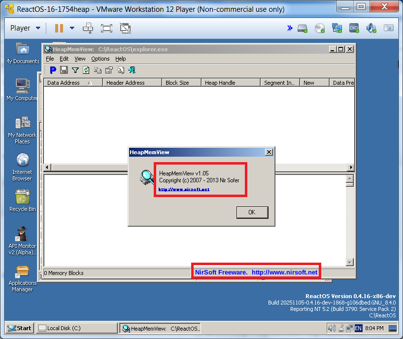 reactos's tweet image. Second fix from Doug Lyons!
Another bug in our C runtime is fixed: About window and text below in HeapMemView 1.05 now displays on #ReactOS!
See the before-after shots.