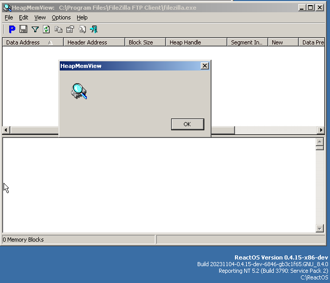 reactos's tweet image. Second fix from Doug Lyons!
Another bug in our C runtime is fixed: About window and text below in HeapMemView 1.05 now displays on #ReactOS!
See the before-after shots.