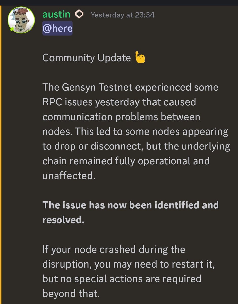 GensynAI Testnet RPC issues happened in past days so Nodes were getting crashed &amp; users were seeing some problems in that &amp; Yesterday this issue was resolved thanks to <a href="/gensynai/">gensyn</a> Team.

So everyone can run their Node without any Problems, Gensyn always on Top.🔥

#GensynAI #DEAI
