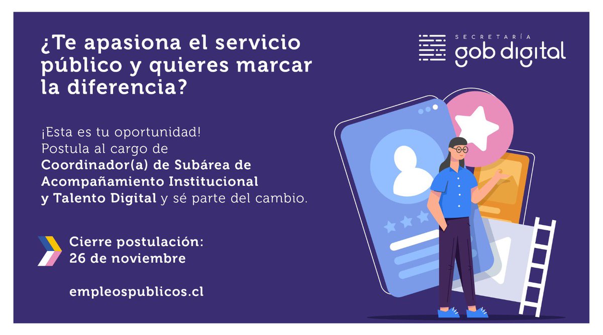 📢 ¡Nueva convocatoria!

Gobierno Digital busca Coordinador(a) de Subárea de Acompañamiento Institucional y Talento Digital 🚀🇨🇱

Si te motiva impulsar la transformación digital del Estado, esta oportunidad es para ti.

🗓️ Postula hasta el 26 de noviembre: empleospublicos.cl/pub/convocator…