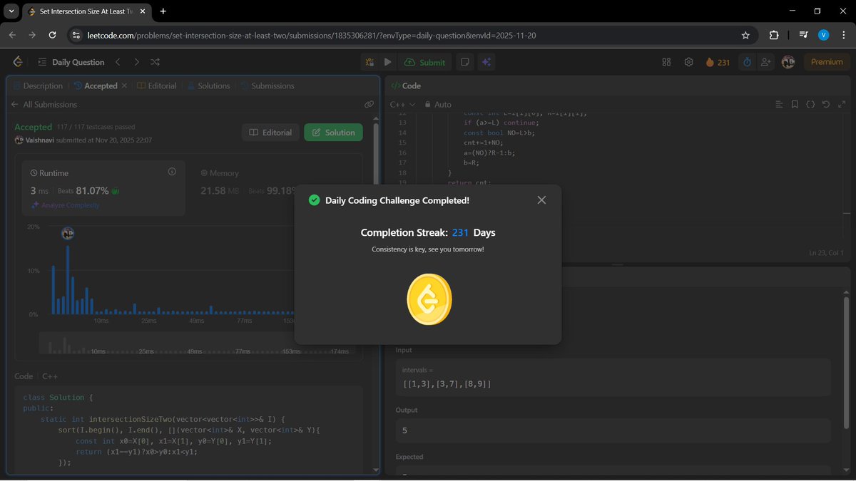 a_gupta30206's tweet image. Hey BitBuddies 💻✨!!
Day 81 of my #100DaysOfCode challenge 🚀🔥
🟢 LeetCode:
Set Intersection Size At Least Two
🟢 GFG:
Make Strings Equal
Showing up every day → building momentum → getting better 💪✨
#leetcode #geeksforgeeks #coding #buildinpublic #DevCommunity #CodeNewbie