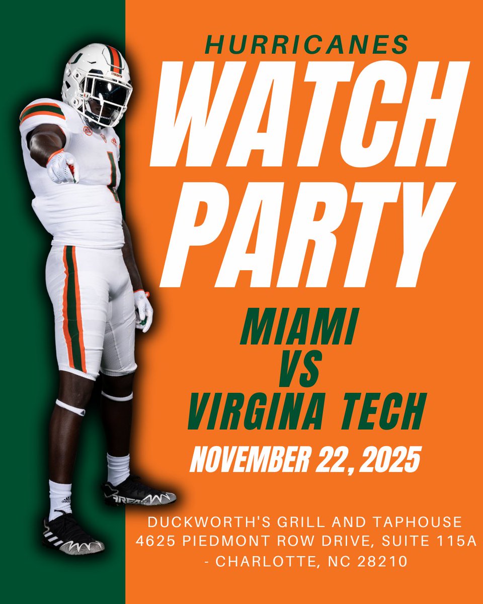 CLTcanes's tweet image. PLEASE REGISTER HERE: events.miami.edu/event/charlott… 🏈Canes are hittin the road. Join fellow alumni and friends for the Charlotte Canes Game Watch Party on November 22 @ 12:00 NOON, as we cheer on The U against Virginia Tech.🙌🧡🤍💚#CanesFootball #UMAlumni #GameWeek #CharlotteCanes