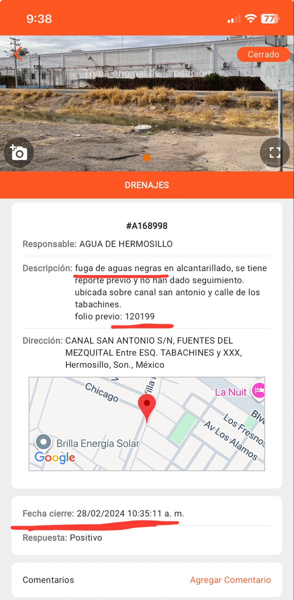 barraza2595's tweet photo. @aguahermosillo buen día, en seguimiento al folio sin atención #189818, la fuga persiste sin solución definitiva. Ya son más de 3 meses
El primer reporte de hizo el 24/01/2024, desde entonces se tiene conocimiento de la falla. https://t.co/oB3xJrGDXn