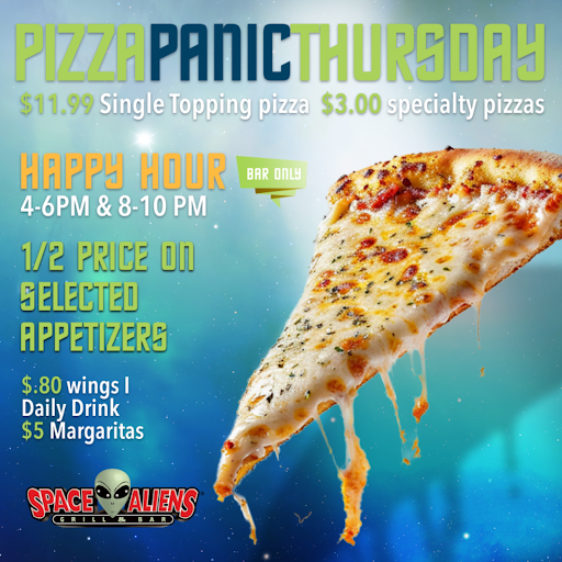 SpaceAliensMN's tweet image. 🚨 PIZZA PANIC ALERT! Single-topping pies just $11.99 and $3 off specialties! 🍕👽 Come grab a slice before it vanishes!  #PizzaPanic #PizzaThursday #EatLocal