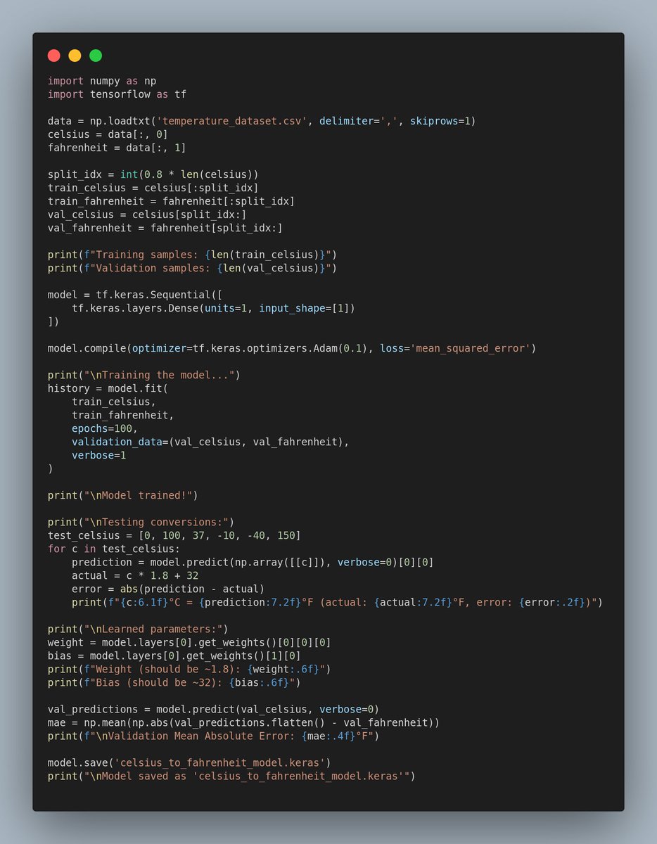 _phnx_1's tweet image. Learning ML can be complex and most have very less understanding of the working. 

Just built the smallest possible useless neural network: 1 input, 1 output neuron. Trained it  Celsius to Fahrenheit conversion. 

The network discovered the exact formula (F = 1.8 C + 32).