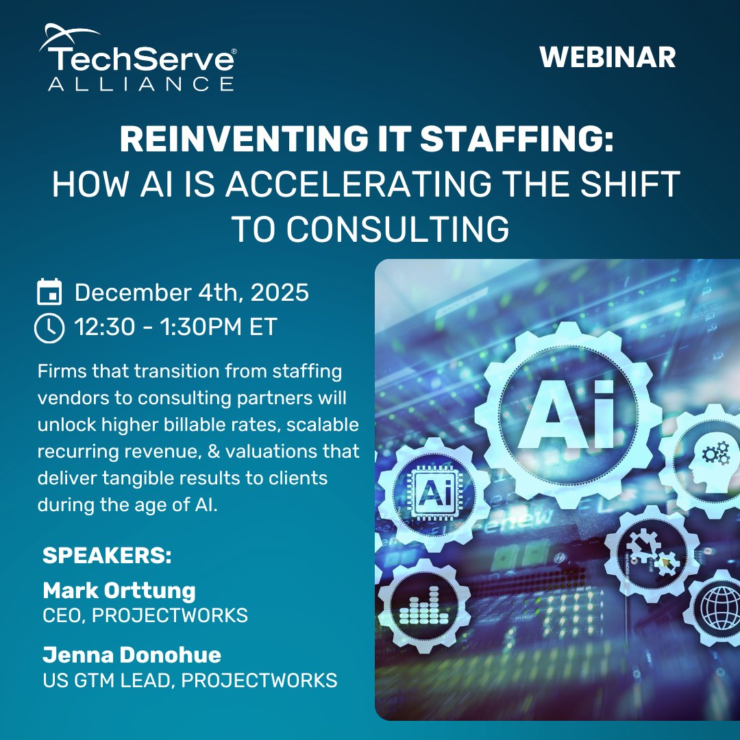 TechServe_Assoc's tweet image. Join us on Dec. 4, 2025 to learn about the three stages of transitioning from staffing to consulting—what it really takes, what to expect, and what to avoid.

Register here today:
hubs.la/Q03VfbfF0