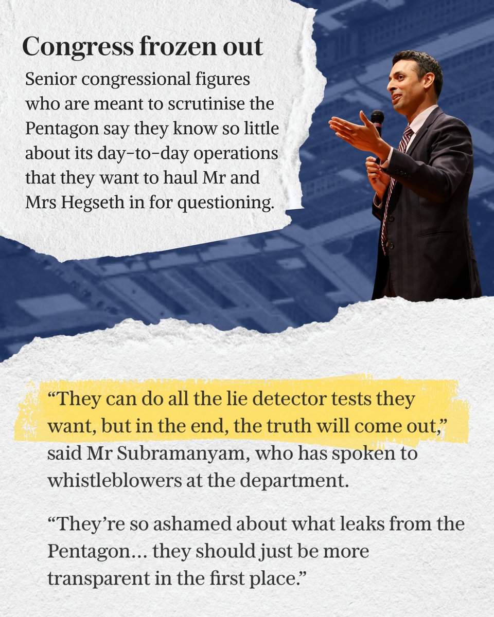 RepSuhas's tweet image. Secretary Hegseth has consistently avoided transparency and accountability. He needs to answer Oversight Committee questions about the use of polygraph tests as intimidation, unconstitutional changes to the press corps, and his wife’s access to classified information.