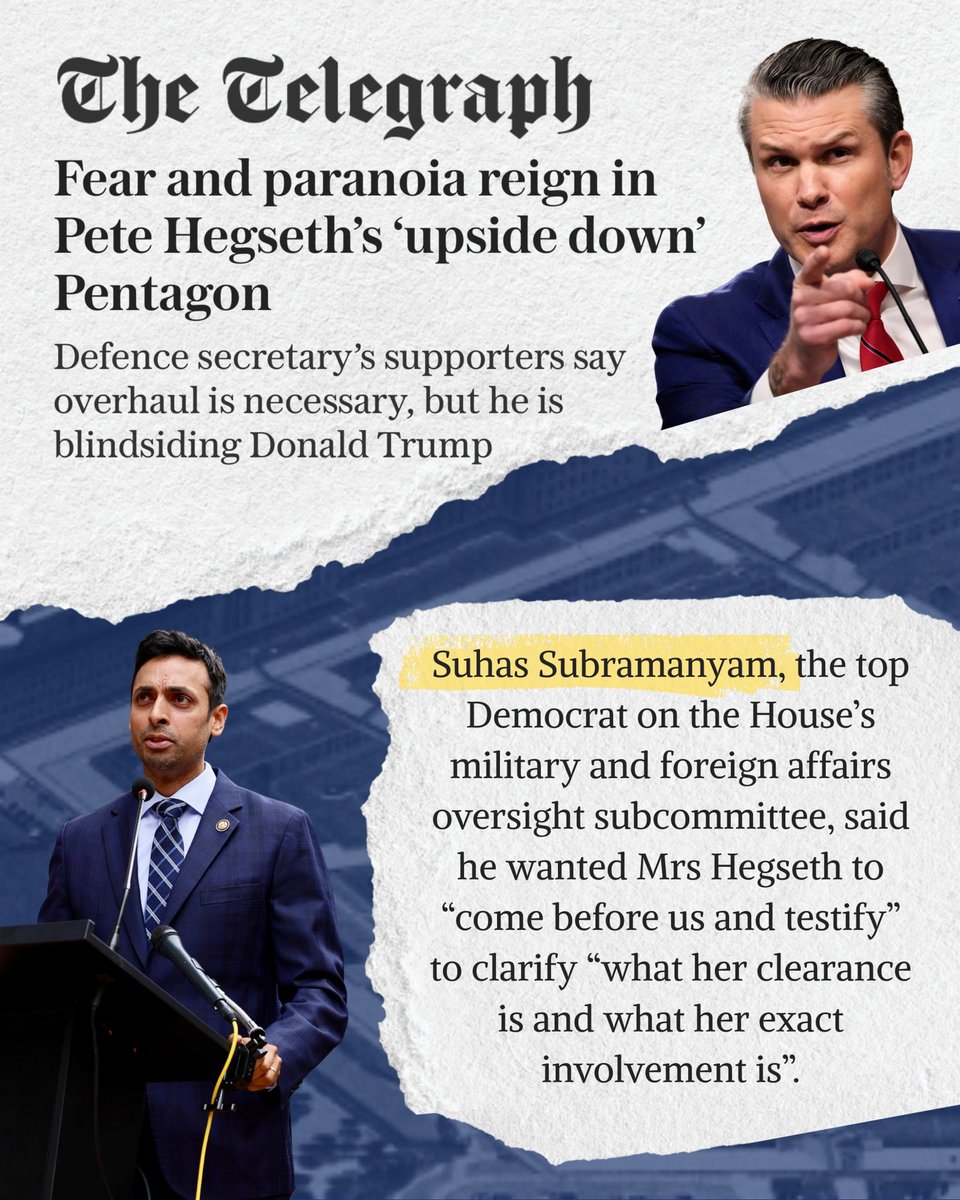 RepSuhas's tweet image. Secretary Hegseth has consistently avoided transparency and accountability. He needs to answer Oversight Committee questions about the use of polygraph tests as intimidation, unconstitutional changes to the press corps, and his wife’s access to classified information.
