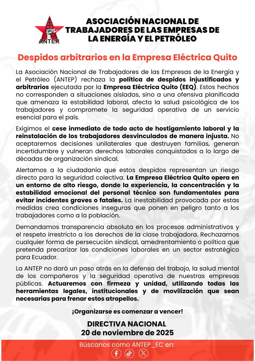 ⚠️ #COMUNICADO | Lo que ocurre hoy en la Empresa Eléctrica Quito debe prender alertas: la salida de personal con experiencia no solo afecta puestos de trabajo, también debilita la seguridad del sistema eléctrico que sostiene al país.

Bajo esta política de despidos, están