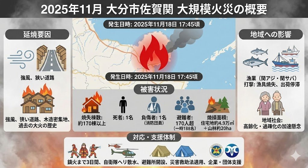 JapanTank's tweet image. Nano Banana Proやばいわこれ
画像生成の次元を超えてきてる
↓
「2025年11月の佐賀関で起きた火災についてインフォグラフィック画像にまとめて」
↓
20秒で生成