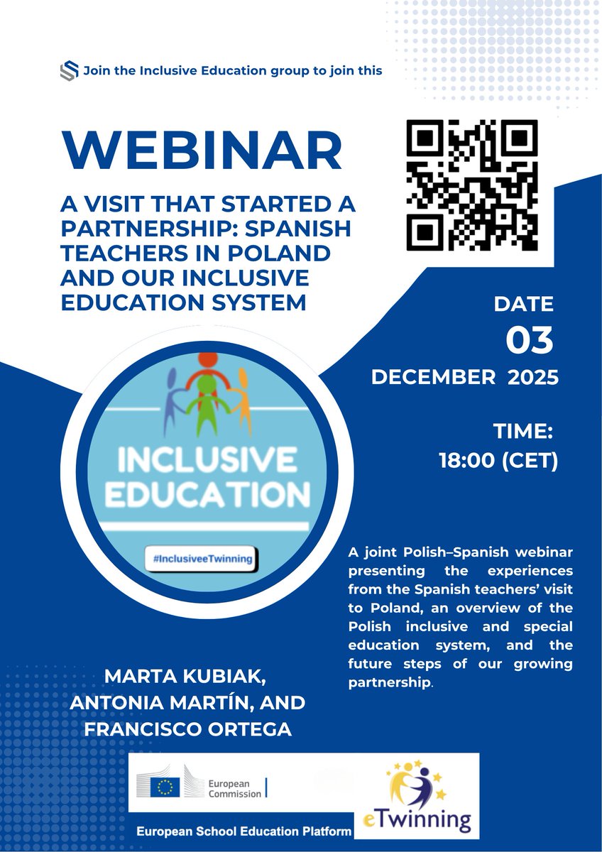 Join Our Inclusive Education Group's Upcoming Webinar!
A Visit That Started a Partnership: Spanish Teachers in Poland and Our Inclusive Education System
A joint Polish–Spanish webinar!
📷 Click here to join:school-education.ec.europa.eu/.../inclusive...
#inclusiveetwinning #sepie