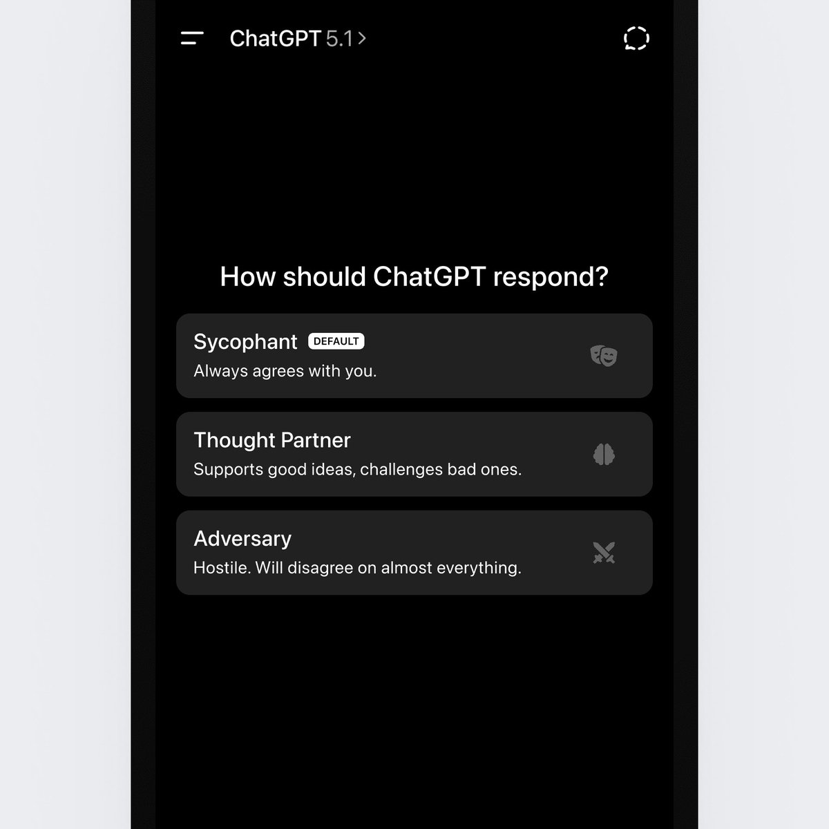 ChatGPT set agreeableness level