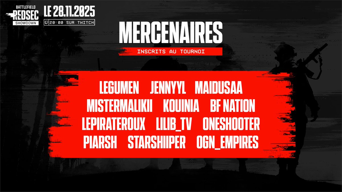 La compétition s’annonce intense ! 🔥

Découvrez les invités d'honneur qui participeront au Battlefield REDSEC Showdown.

Qui soutiendrez-vous pendant le tournoi ?
