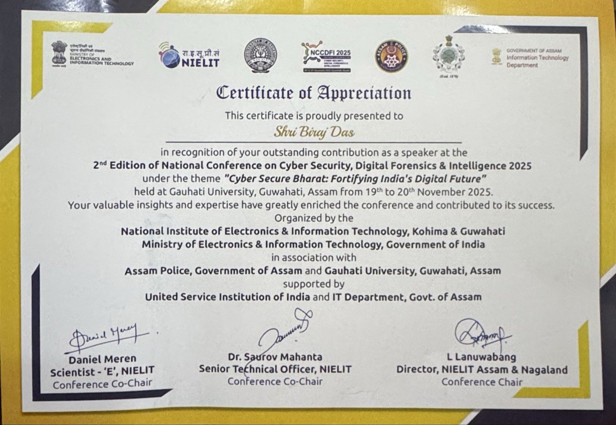 Biraj__Das's tweet image. It was a privilege to get the opportunity from DGP Sir to deliberate on how a groomed #PrefrontalCortex helps countering #SocialEngineering attacks in CyberRisks.
Grateful to share this insight at the NCCSDFI at #GauhatiUniversity on 19–20 Nov’25.
@DGPAssamPolice @assampolice