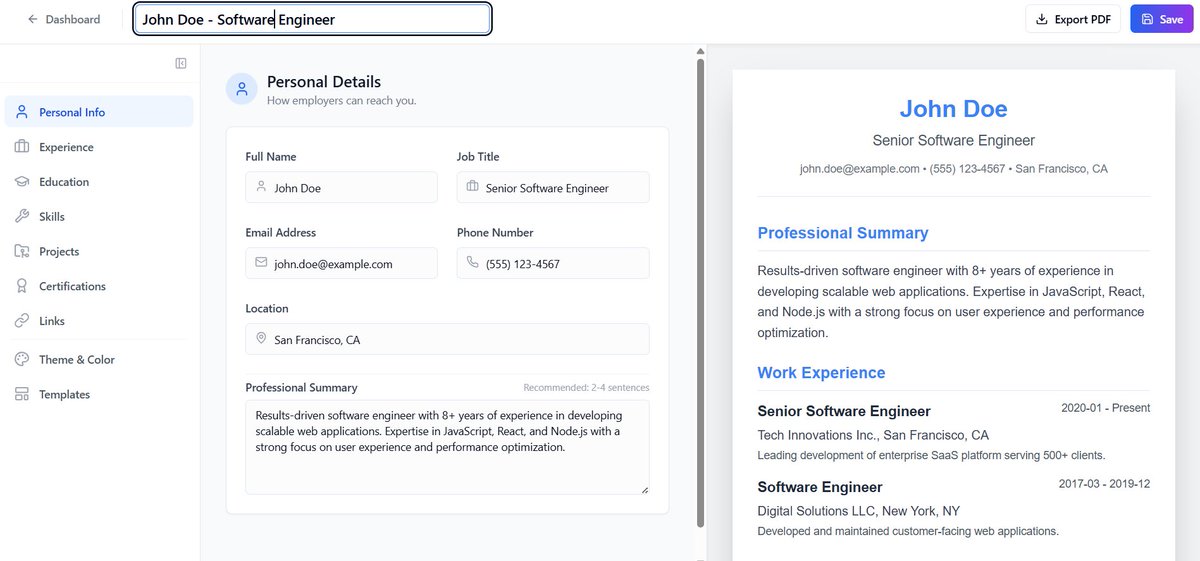 learn_with_san's tweet image. 🛠 Day 2 — Build in Public

– Designed the resume creation form ✅
– Completed personal details section ✅
– Finished the work experience section ✅

Feels good to see the actual resume flow starting to form.  On to the next piece! 🚀