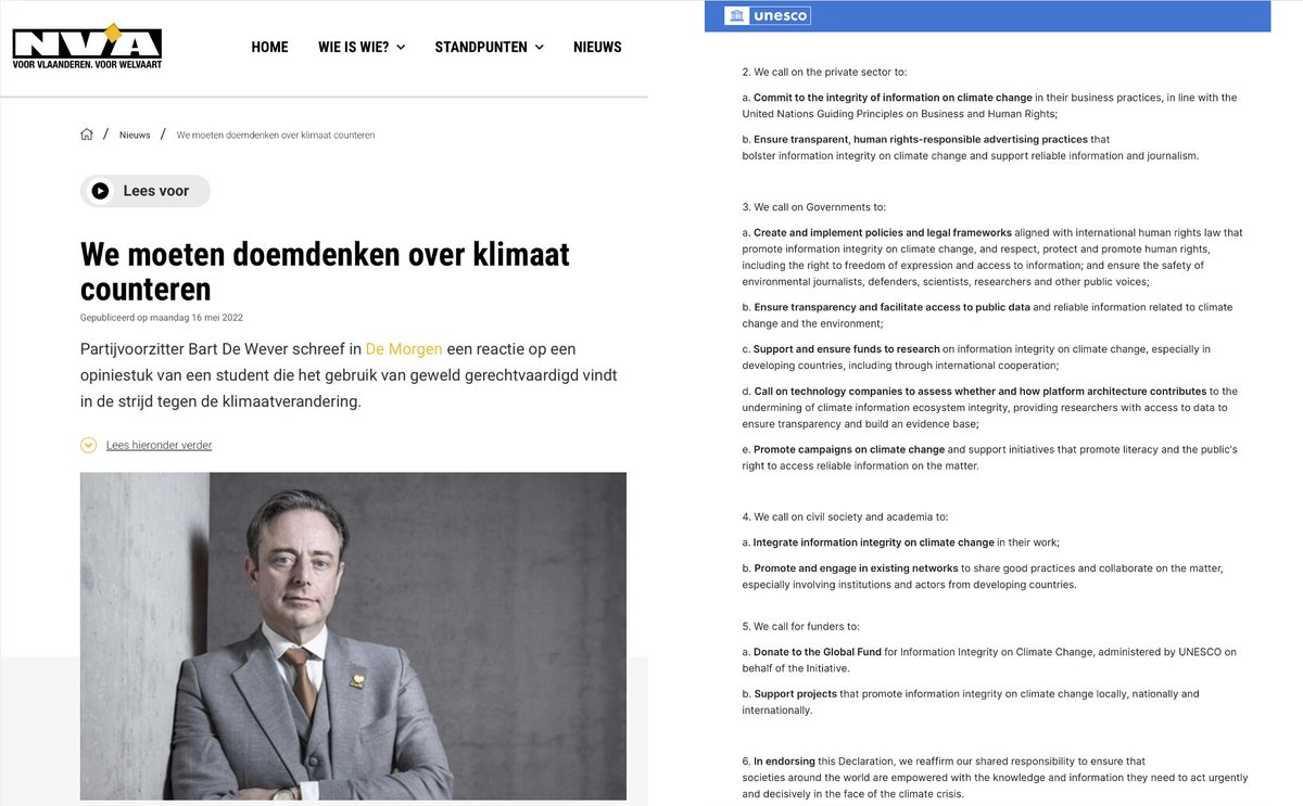 Regering De Wever tekent klimaat  indoctrinatieplan van de UNO. 

De Wever verzette zich in 2022 en voor de verkiezingen tegen het klimaat-alarmisme.  Maar zopas, in november 2025, tekende zijn regering een zeer verregaande verklaring die klimaatindoctrinatie doorheen de hele