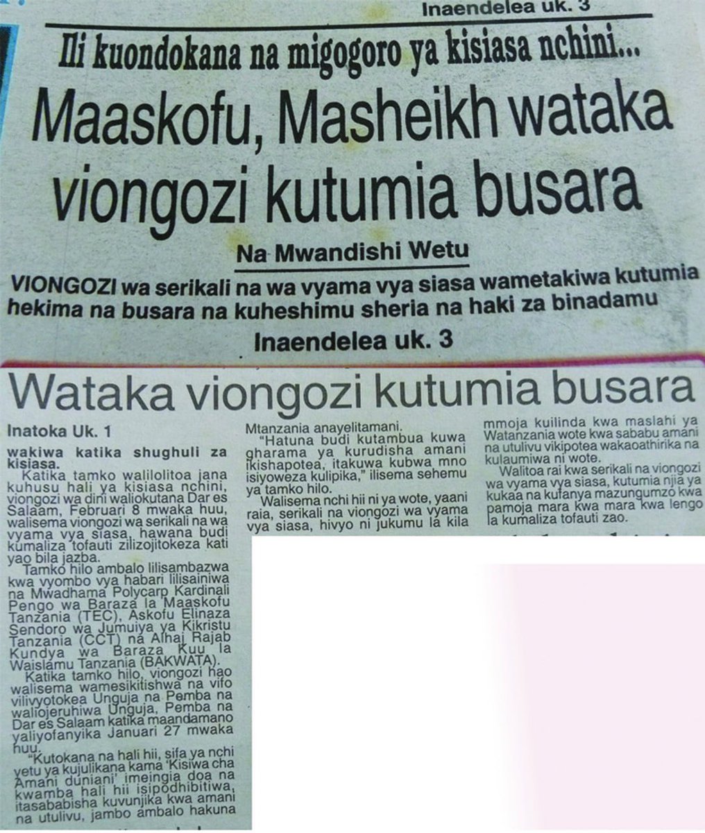 tonyalfredk's tweet image. Baada ya mauaji ya Zanzibar, TEC iliungana na BAKWATA na CCT kutoa waraka wa kulaani mauaji hayo (waraka ulitoka Feb 08, 2001)

Baada ya hapo TEC ilitoa waraka wake ambapo pamoja na kuonya mauaji ni machukizo, ilitoa uchambuzi wa nini kilipelekea hali ile, na kutoa mapendekezo.