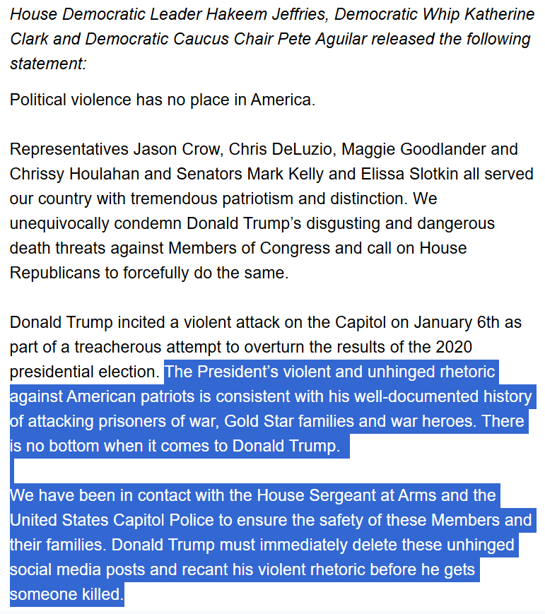 GregTSargent's tweet image. Important: Dem leaders just said Trump&apos;s call for execution of Dems has prompted them to contact US Capitol Police/House Sergeant at Arms to &quot;ensure the safety of these members and their families.&quot;

Treat him like an unhinged menace. He&apos;s in deep political trouble. Don&apos;t let up.