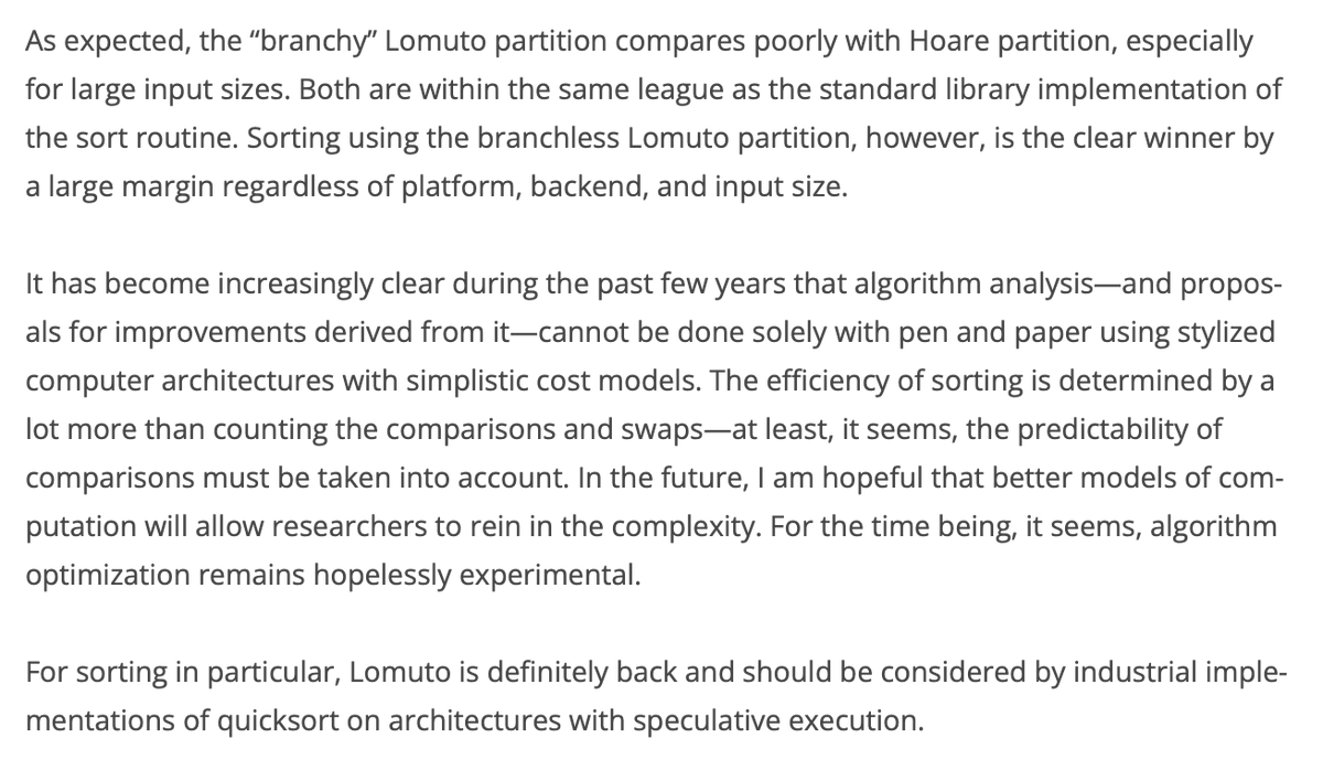 "algorithm optimization remains hopelessly experimental"

Quicksort with branch-free Lomuto partition scheme beats Hoare partitioning. Despite doing more swaps, Lomuto is more efficient in branch prediction and hence performs better on modern CPU microarchitectures. 

Nice D-lang