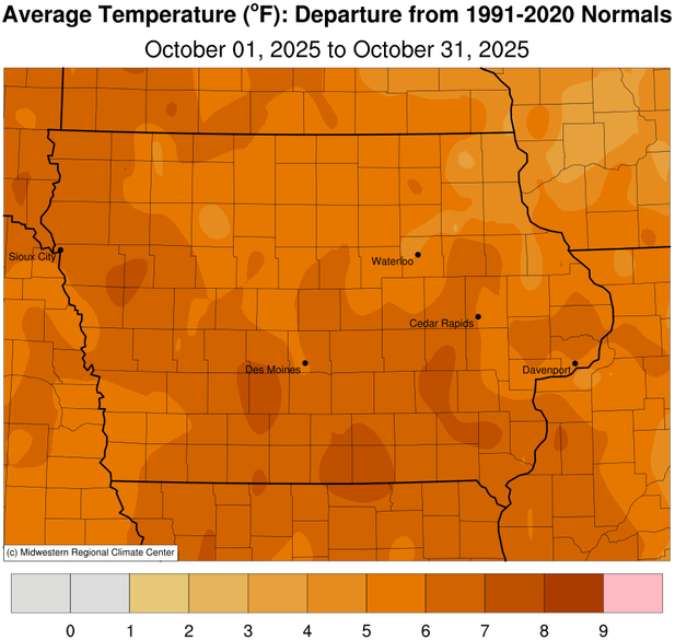 JustinMGlisan's tweet photo. October 2025 Temperature Summary: #Iowa’s average temperature was 56.9°F, 5.9°F above normal. This ranks as the 14th warmest October in 153 years of records; 1973 was warmer. (1/2) #IowaClimate #IowaAg #Harvest25 https://t.co/cSUdt76OM1