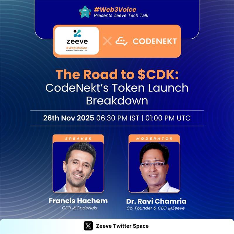CodeNekt_Eco's tweet image. AMA ANNOUNCEMENT!🎙️

Hey drivers, another AMA ahead! 
The Road to $CDK 🚗💨

We&apos;ll talk about @CodeNekt_Eco&apos;s Token Launch Breakdown!

x.com/i/spaces/1yNGa…

📅 26th November 2025
⏰ 06:30 PM IST | 01:00 PM UTC
Set your reminder! 

What we&apos;ll cover:
→ $CDK tokenomics 
→…