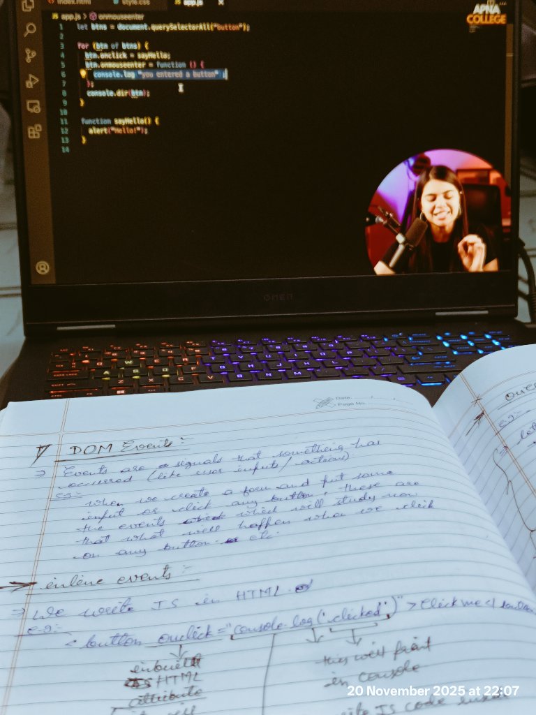 growing_phool's tweet image. #Day 47 of #90dayscodingchallenge 
- DOM Events lecture running.
- learned inline event, onclick and onmouseenter event; more to go.
- did a workout.
- book reading left.
Signing off.
#WinterArc #buildinginpublic