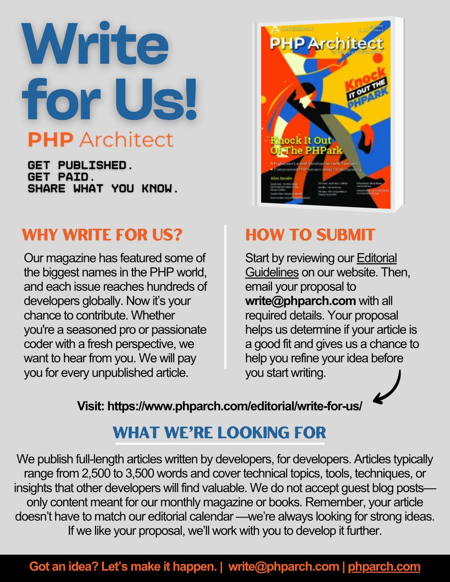phparch's tweet image. We want to hear from you! 

👉 phparch.com/editorial/writ…

#phparchitect #phpdeveloper #techwriting #writers #phpcommunity #devlife