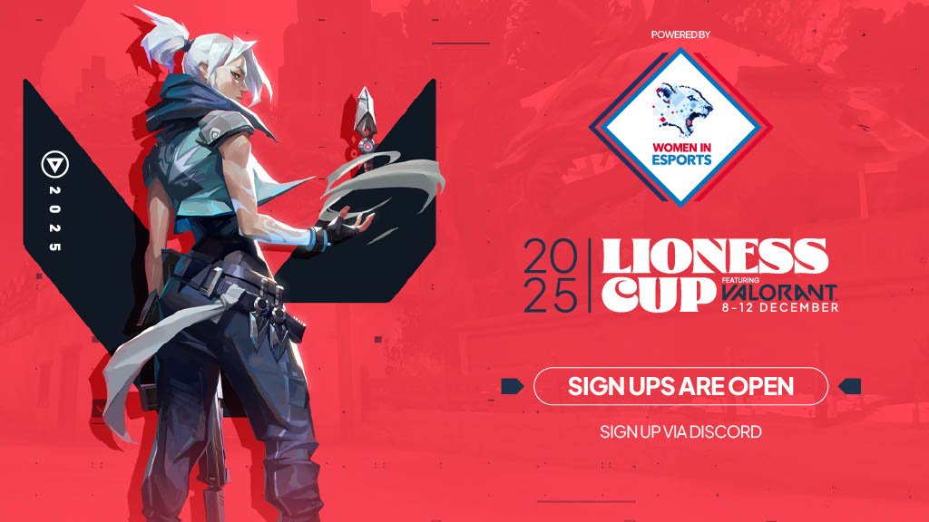 WomenIn_Esports's tweet image. The Lioness Cup featuring VALORANT is back for 2025!

🗓️ 8th - 12th December
2⃣ Days of Swiss with the top 8 advancing
🇪🇺 64 European Teams

To sign up your team, find some teammates or for more info, join our Discord! Link in replies 👇