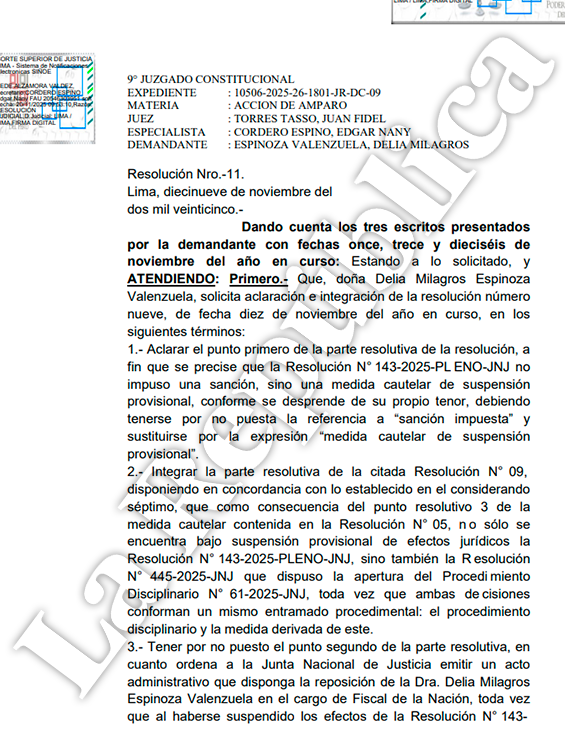 Politica_LR's tweet image. 🚨 #LOÚLTIMO | Delia Espinoza podrá solicitar uso de la Policía Nacional  para retomar el cargo de fiscal de la Nación si vence plazo en JNJ. Juez Juan Torres Tasso refiere que JNJ se encuentra dentro del plazo de 48 horas para emitir el acto administrativo que la restituya.