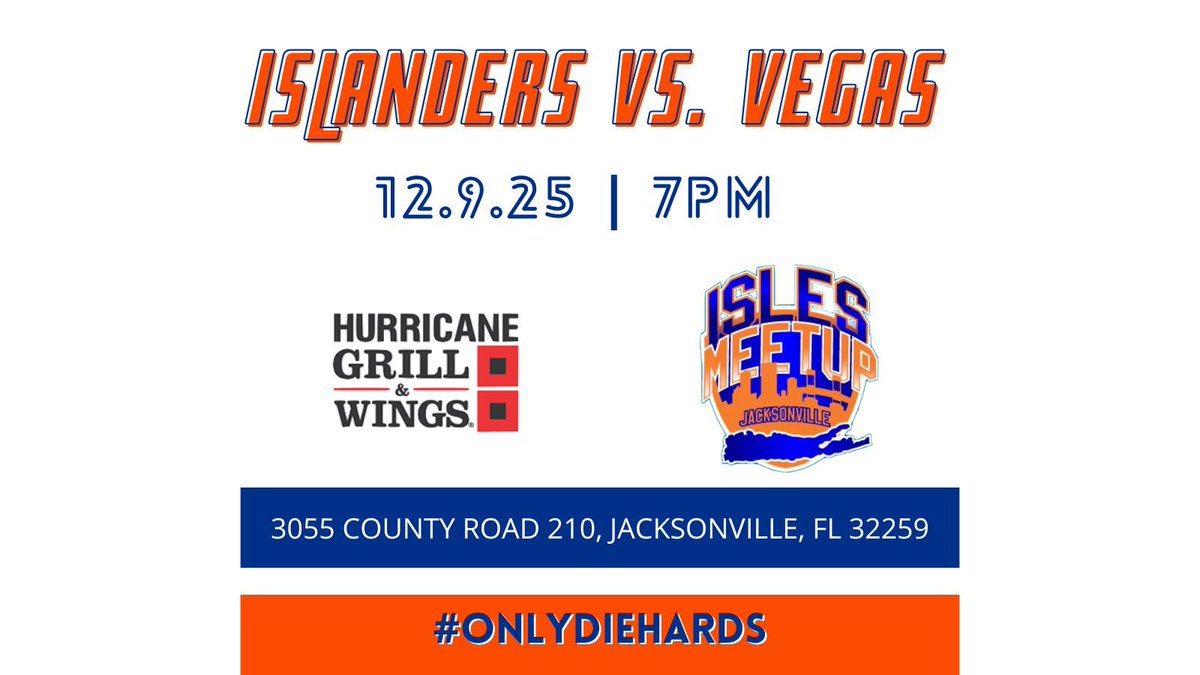 🚨New Meetup Alert! Our 12/2 meetup has been rescheduled to 12/9 as the <a href="/NYIslanders/">New York Islanders</a> take on the <a href="/GoldenKnights/">Vegas Golden Knights</a> at <a href="/UBSArena/">UBS Arena</a>. We will be meeting at our usual spot at Hurricane Grill out on the patio. Details below. Hope to see you there!🚨 #isles #nhl <a href="/IslesMeetups/">Isles Meetups</a> #florida