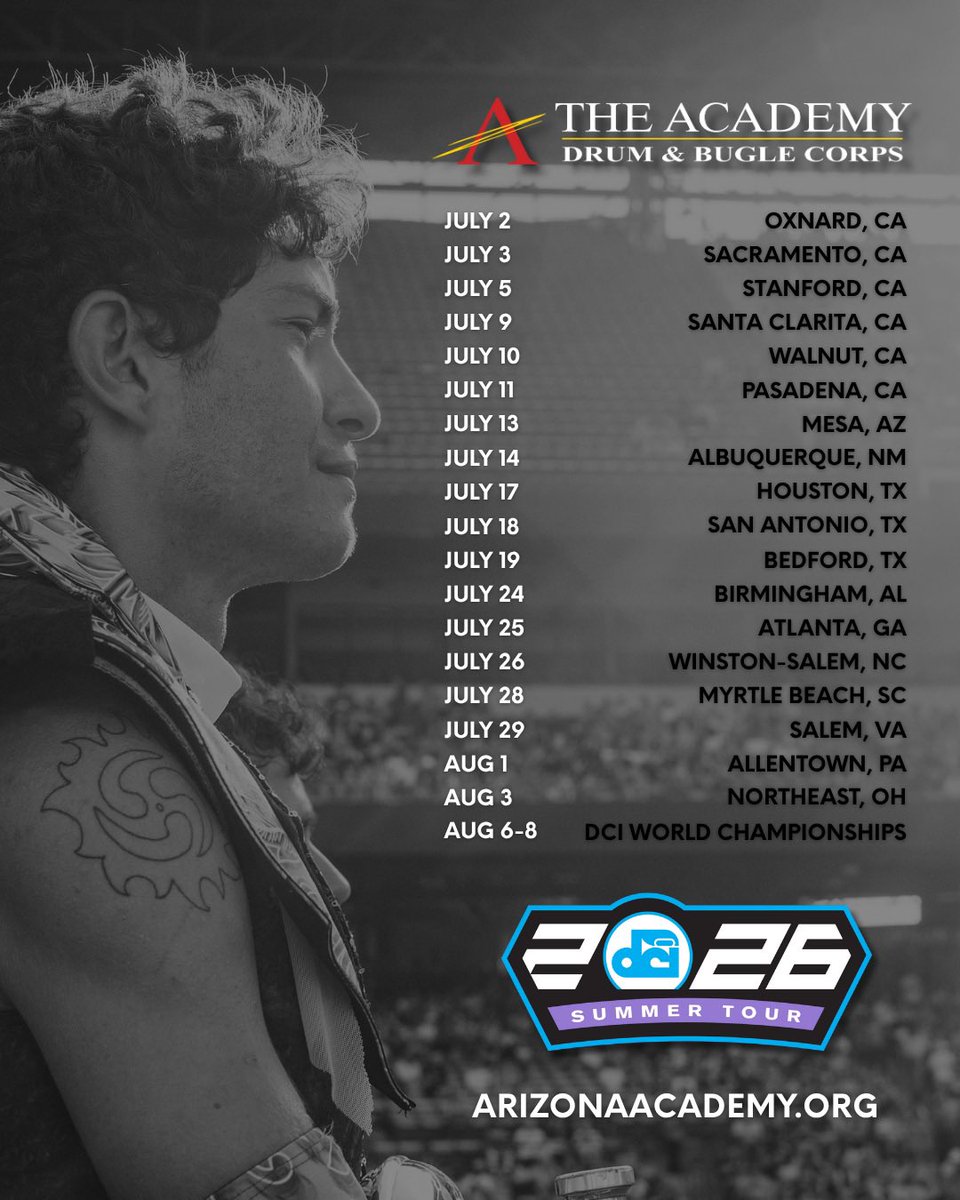 TheAcademyDBC's tweet image. Planning your summer? We got you! The official 2026 tour schedule is now LIVE 🔥 

Where will we see you on the road this summer? ❤️‍🔥

#theacademydbc #drumcorps #dci26 #heatforged