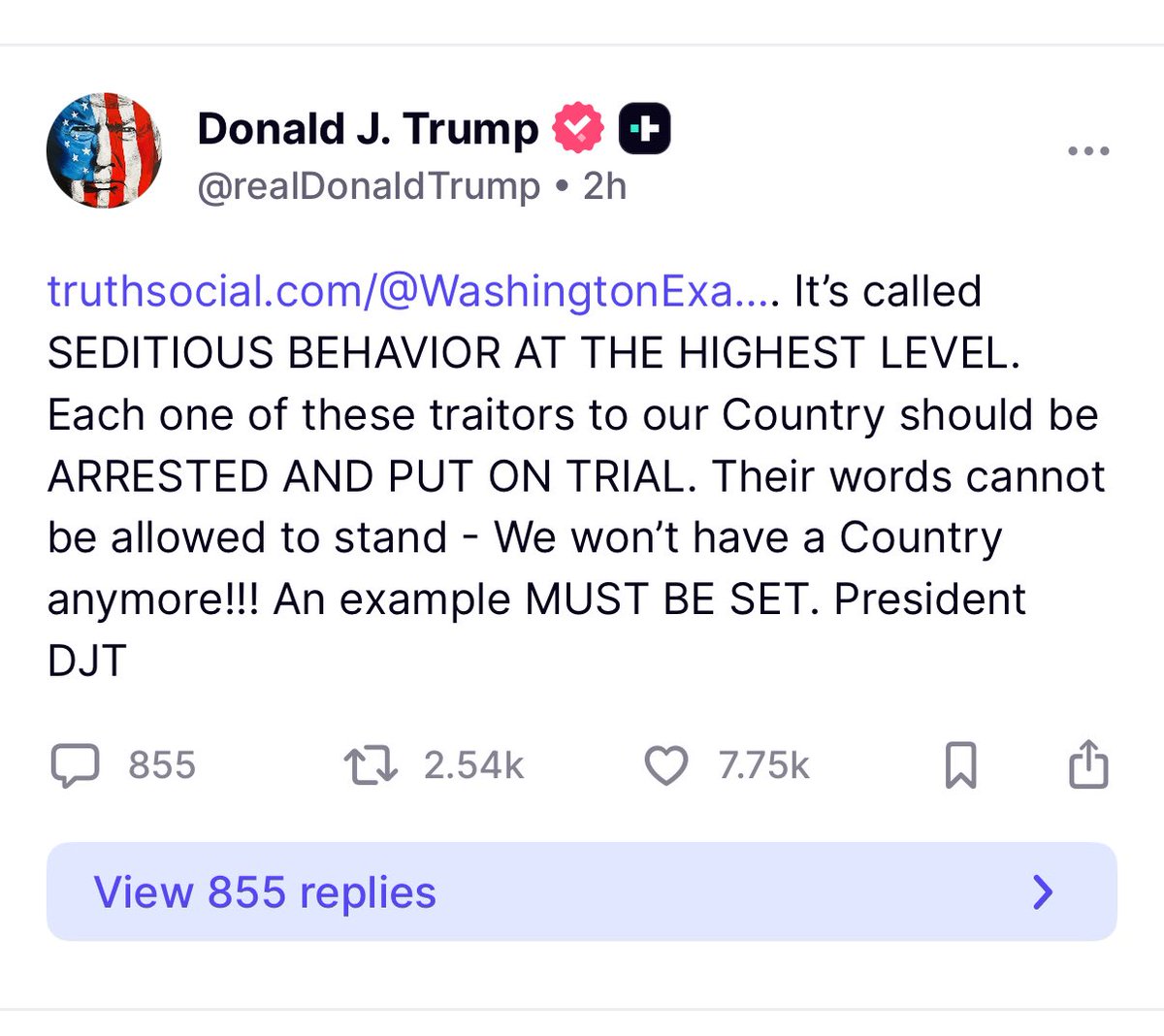 JUST IN: Trump responds to Democrat Lawmakers calling on the military to defy orders from the admin

“Seditious behavior, punishable by death!”

“Each one of these traitors to our country should be arrested and put on trial.”

“An example MUST BE SET.”