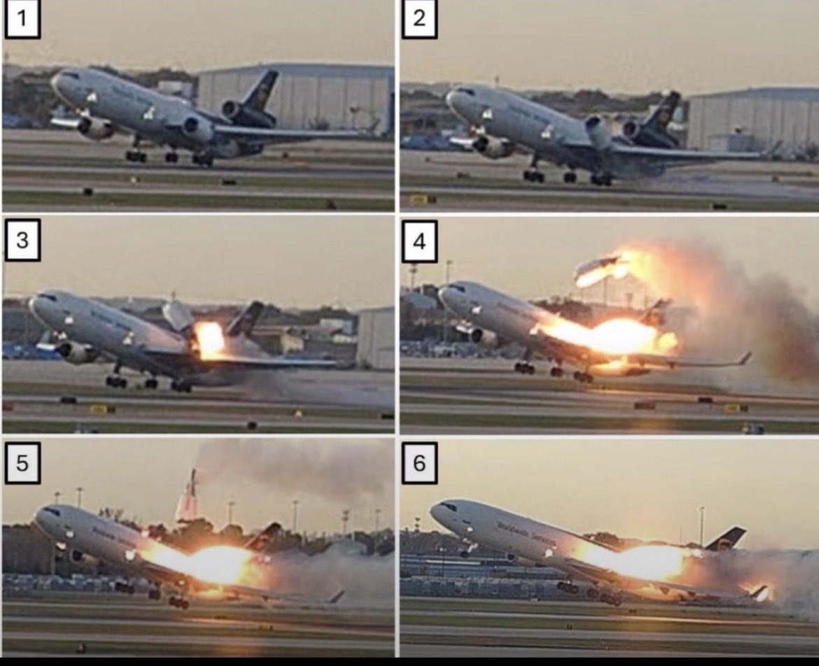 These photos released by the NTSB of the UPS MD-11 accident show the number one engine pylon failing at rotation. The gyroscopic forces induced by rotation combined with takeoff thrust placed maximum stress on the pylon which failed at the worst possible moment. So sad at this