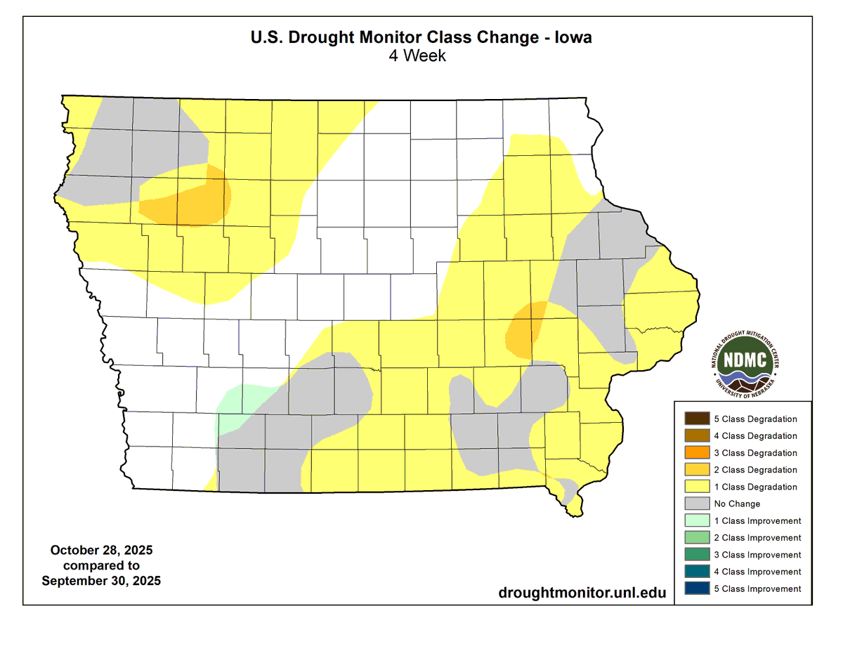 JustinMGlisan's tweet photo. October 2025 Precipitation Summary: Iowa’s average precip. was 1.96", 0.73" below normal. This ties 1903/1980 as the 65th driest Oct. on record. Moderate Drought (D1) was introduced & gradually expanded in NW & eastern Iowa through the month. (2/2) #IowaClimate #IowaAg #Harvest25 https://t.co/Utx1x0hM7K