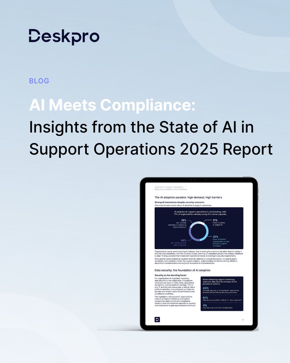 AI is reshaping help desks. But not every industry is adopting at the same pace.

Our new report reveals how compliance is influencing AI adoption across support teams and what industries are most affected.

Download → hubs.li/Q03VfPJD0

#Deskpro #AIAdoption