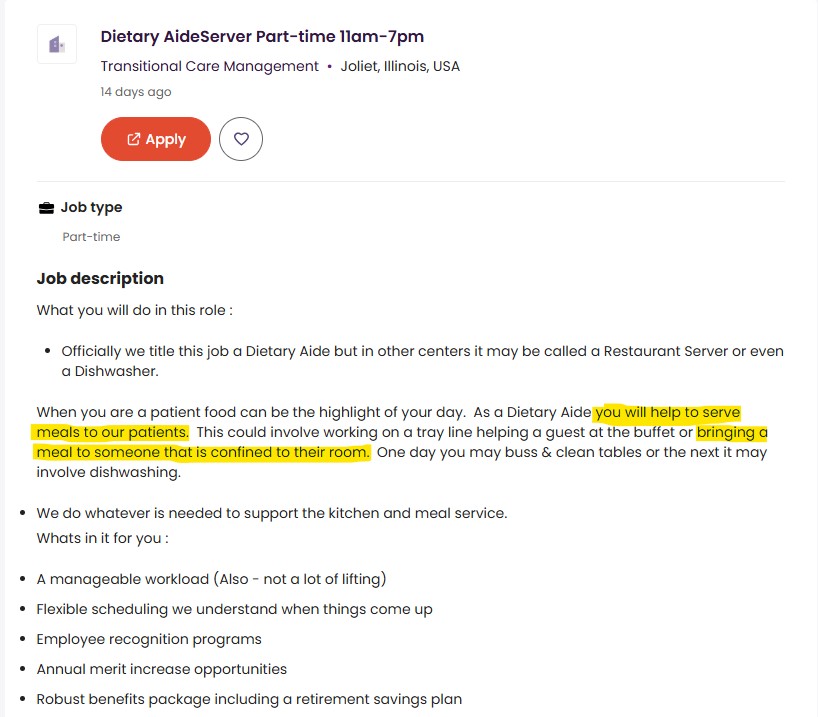 ScamFinderSam's tweet image. There&apos;s a vacancy for a job opening at Joliet Terrace for a Dietary Aide/Server, one of the job descriptions is bringing meals to someone that is confined to their room. Something scammer says they REFUSE to do there, and one of her reasons she&apos;s used for needing DoorDash. 🤥