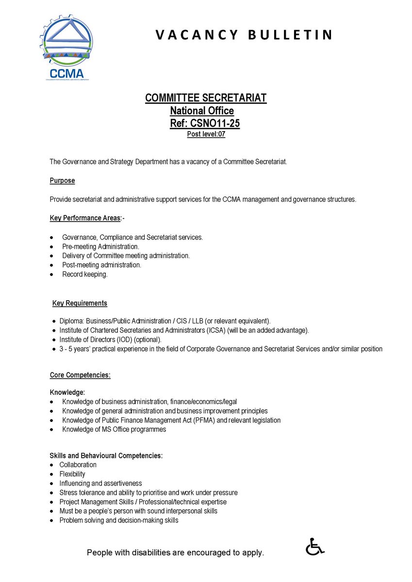 CCMA_SA's tweet image. The CCMA's Governance and Strategy Department has a vacancy of a Committee Secretariat.
See poster for more details on how to apply, alternatively visit our website ccma.org.za/vacancies 
#jobalert #JobVancancies #jobboard #vacancies
