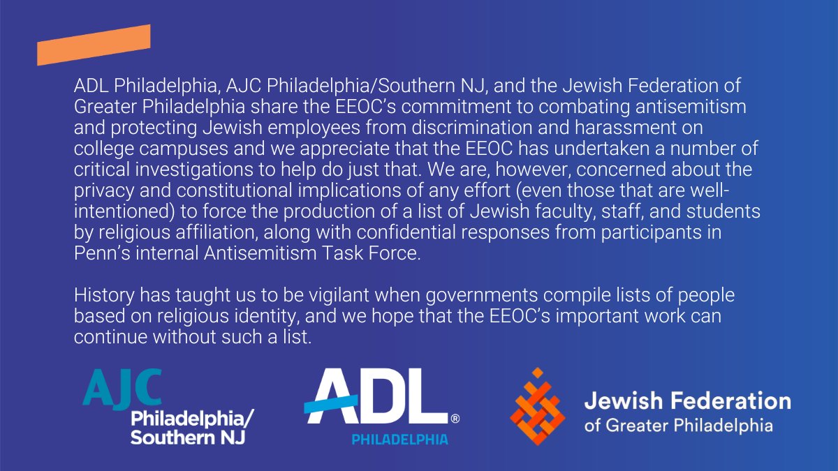 ADLPhiladelphia's tweet image. ADL Philadelphia, @AJCGlobal Philadelphia/Southern NJ, and @JFedinPhilly share the EEOC’s commitment to combating antisemitism and protecting Jewish employees from discrimination and harassment on college campuses and we appreciate that the EEOC has undertaken a number of…