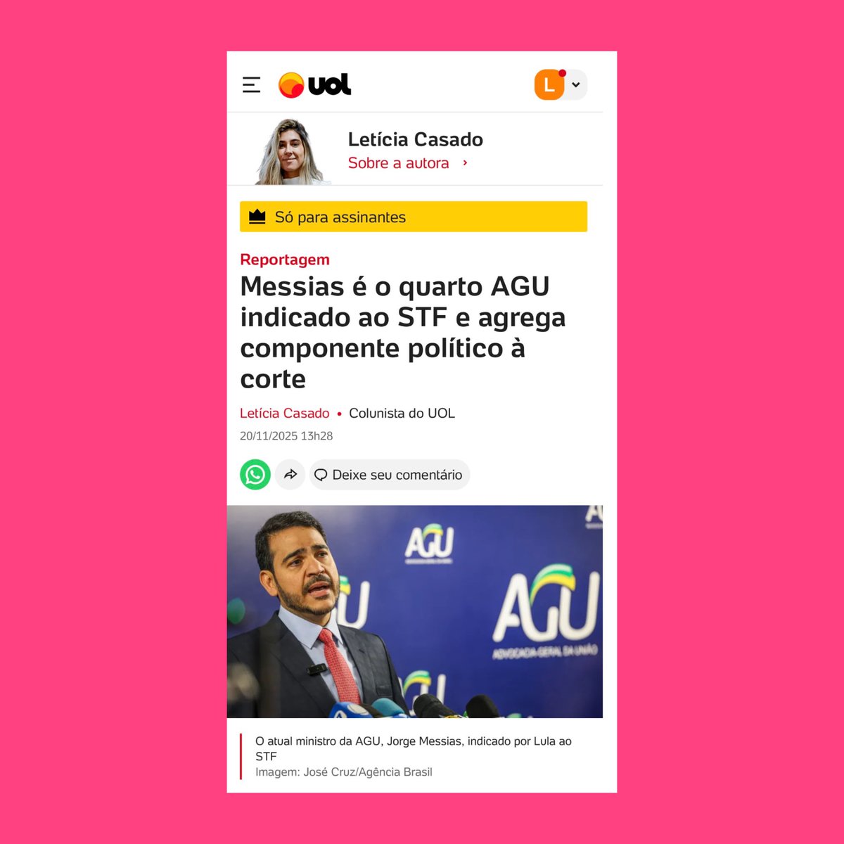 Jorge Messias é o quarto advogado-geral da União a ser indicado ao STF. O perfil do cargo agrega componente político à corte alinhado com a gestão do presidente da República. Cabe ao AGU fazer a defesa institucional do governo federal

noticias.uol.com.br/colunas/letici…